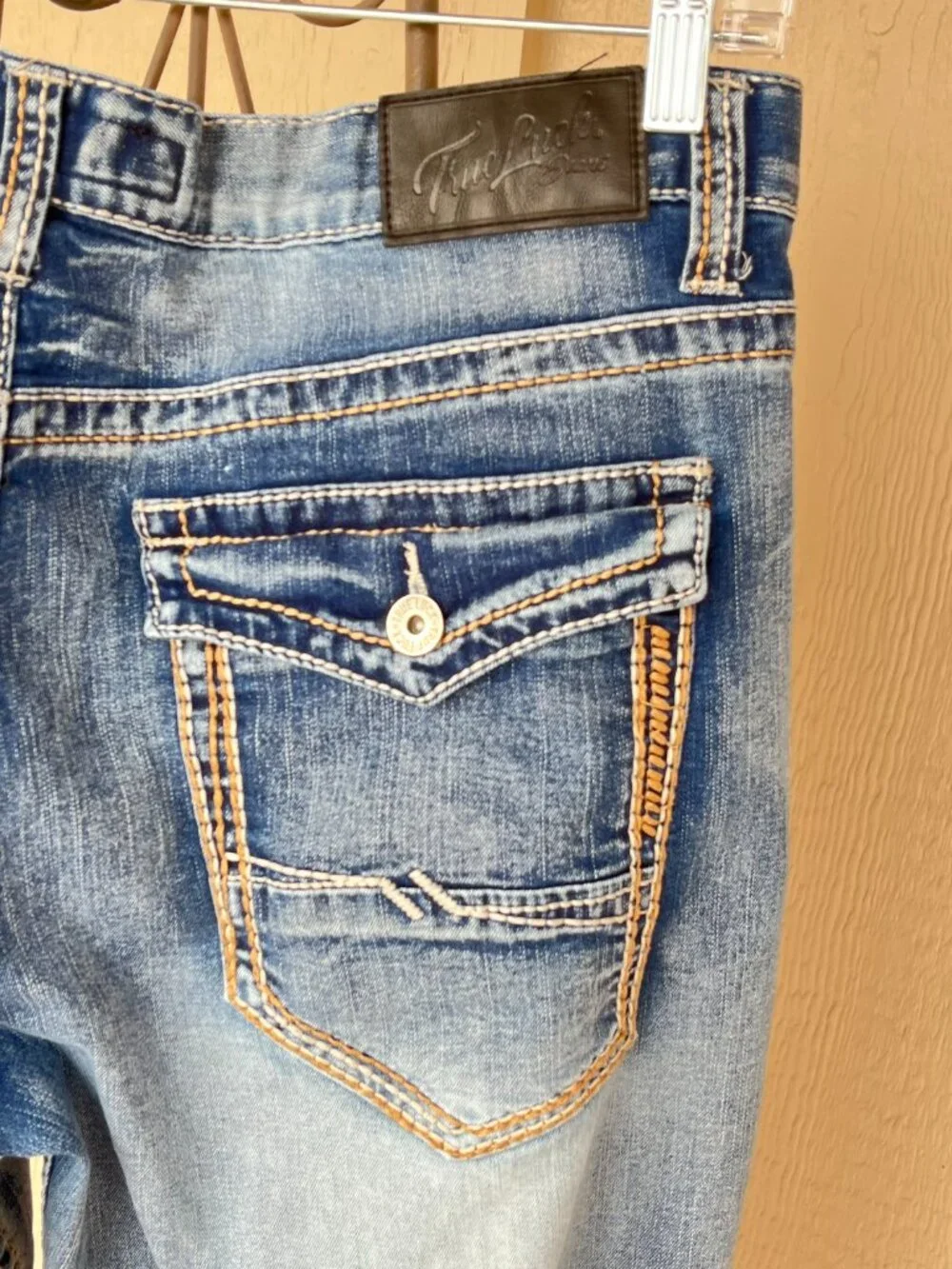 True Luck Mens Jeans Thick Stitch Denim Faded Wash Straight Leg Everyday 36x30